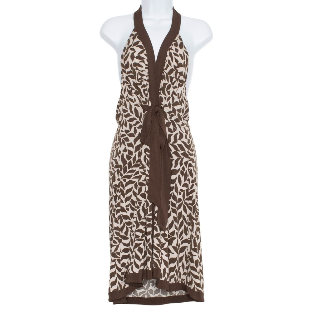 NWT BCBGMaxazria Dress Jersey Wrap Halter Boho Botanical Retro Earth Brown Large